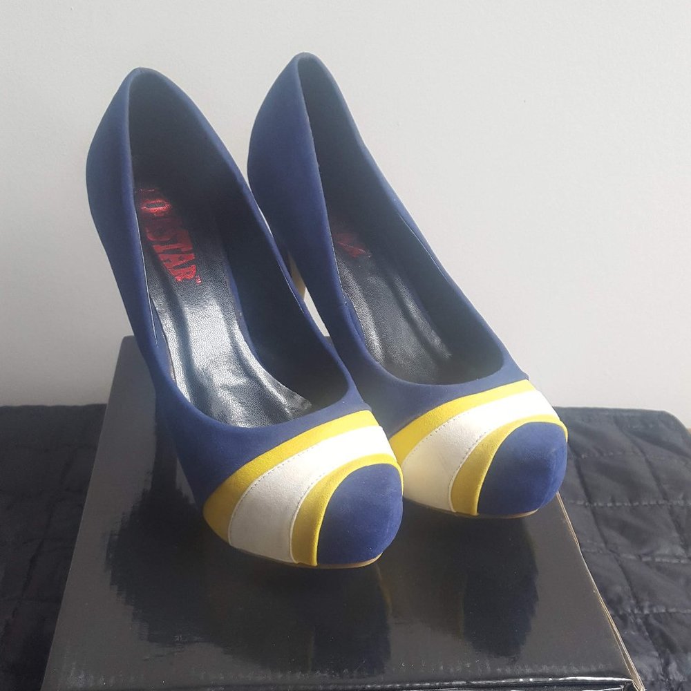 Herstar Yellow and Blue Sports Themed Platform Pump size 8
